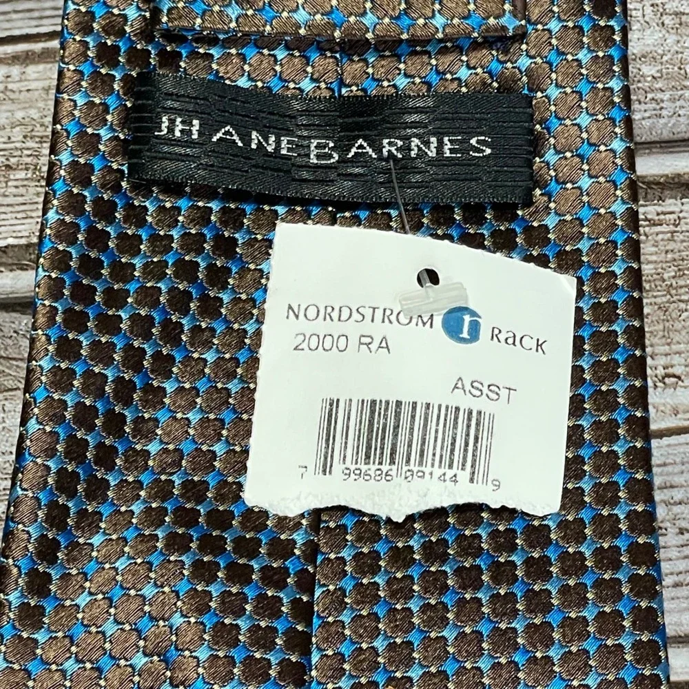 Jhane Barnes NWT Mens Silk Geometric Pattern‎ Tie Blue Brown Luxury Necktie